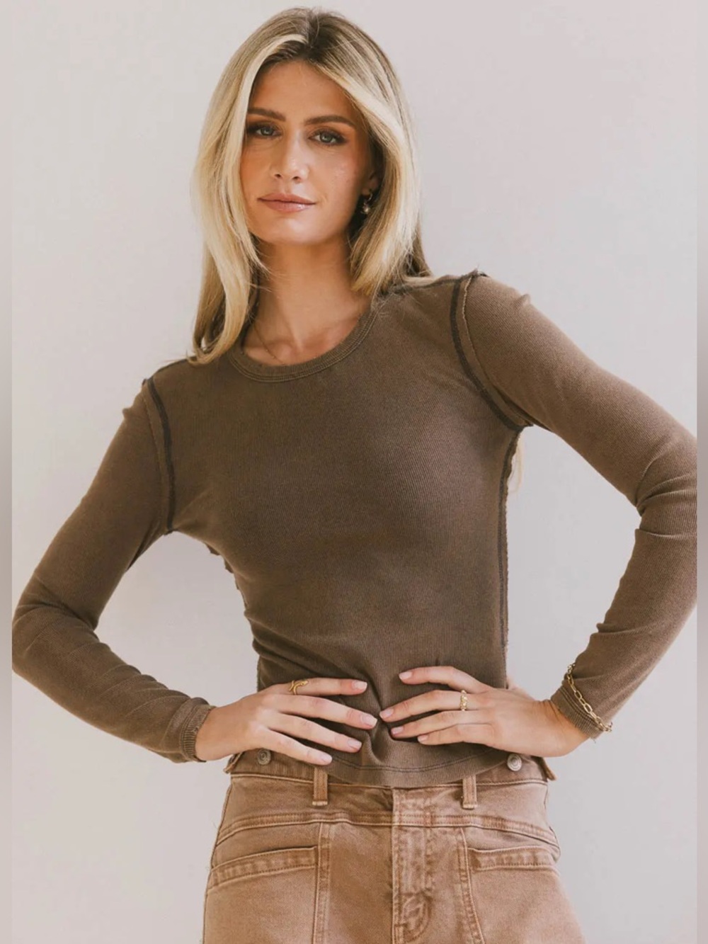 Bohme Lexie  Brown Ribbed Distressed Long Sleeve Shirt Size S